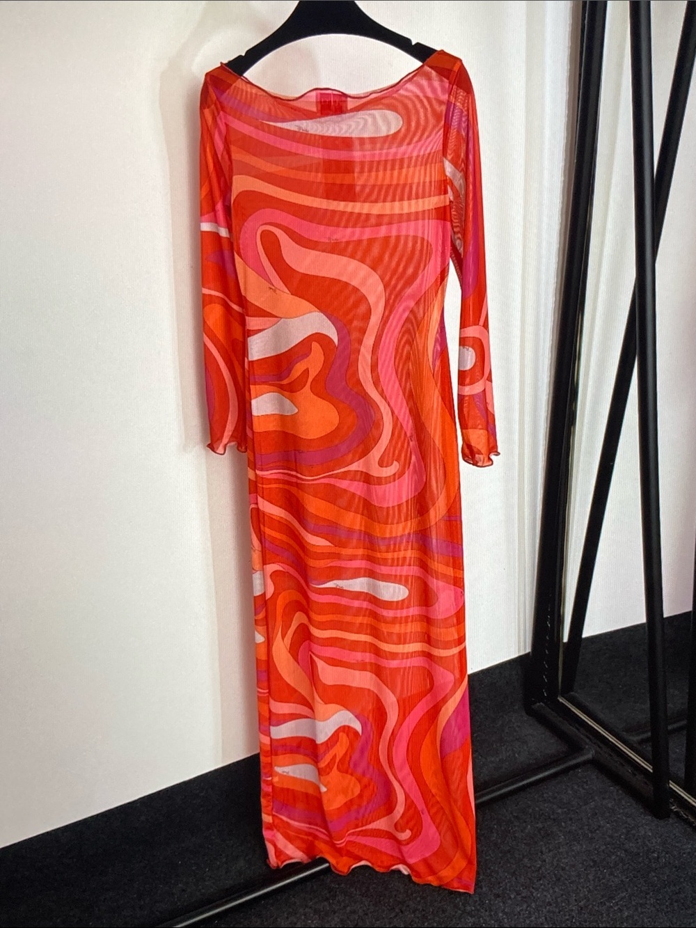 Emilio Pucci Long Sleeve Abstract Swirl Maxi Dress in Red and Pink